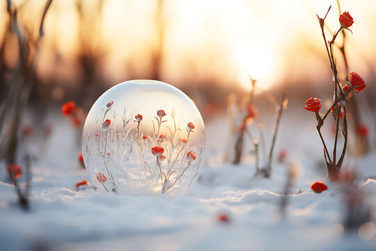 Glaskugeln in Schneelandschaft mit Rosensilhouetten