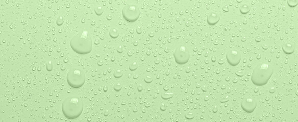 Drops of micellar water or cosmetic tonic on a green background. Close-up, macro photography