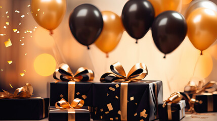 black gifts with black ribbon in a gold podium in the foreground. Gold balloons blurred in the background