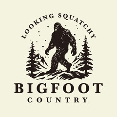 Bigfoot country logo design. Sasquatch brand icon. Yeti symbol. Looking squatchy emblem. Mythical cryptid creature vector illustration.