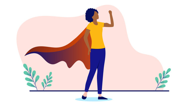 Strong black woman - Female person in superhero cape showing strength and muscle. Flat design vector illustration with white background