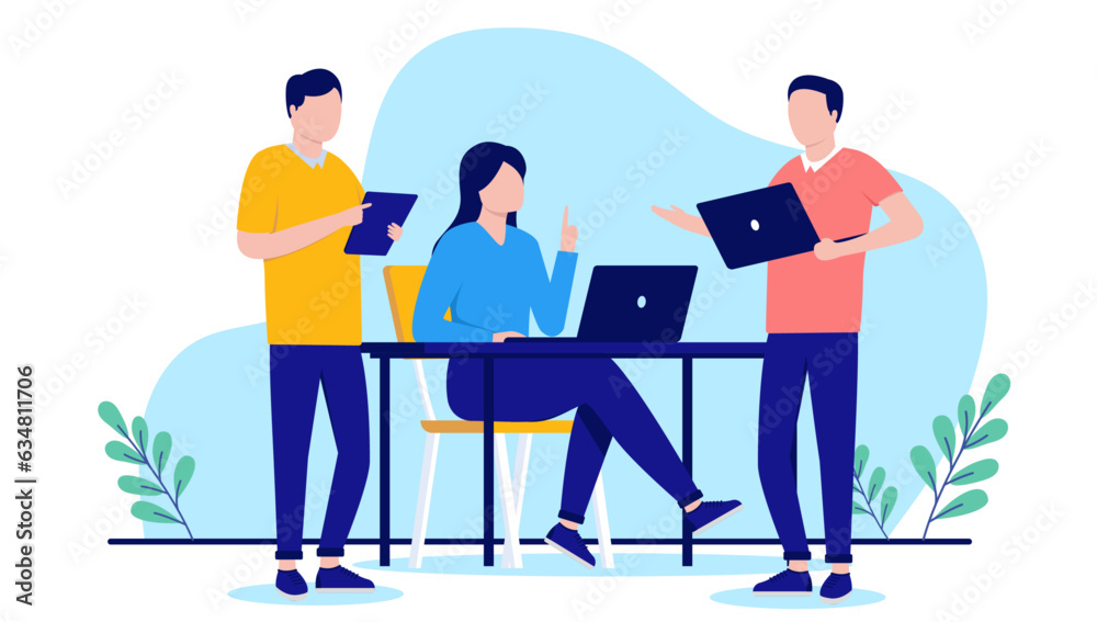 Aufkleber Office work vector - Illustration of team of three people at work with computers talking and having conversation about business and project. Flat design with white background