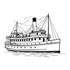 Vector Illustration of a steamboat with lines drawing for logo,icon, black and white