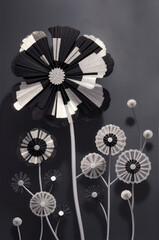 Black, Gray ,white coloured Dandelion flowers on solid colour background , cubism style flower abstract , Greeting Card , Generative AI 