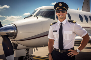 Portrait of pilot wearing sunglasses in airport near airplane. Male confident pilot in uniform standing near private jet and smiling.