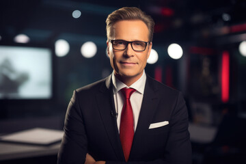 Fototapeta premium Live news. Male anchor in TV studio on air. Newscaster portrait