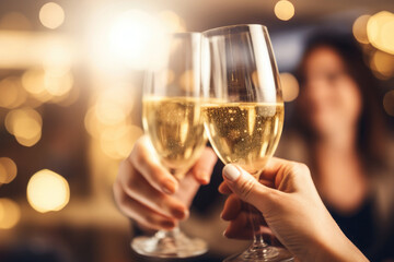 Two hands with glasses of champagne wine clink against blurred golden lights. Festive background and celebration concept