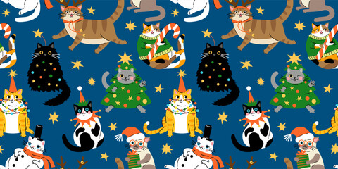 Seamless pattern with Cute cartoon fat cats wearing different Christmas outfits.  Hand drawn vector illustration. Funny xmas background.