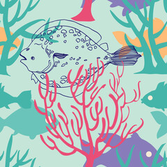 Marine life seamless pattern, turbot fish design