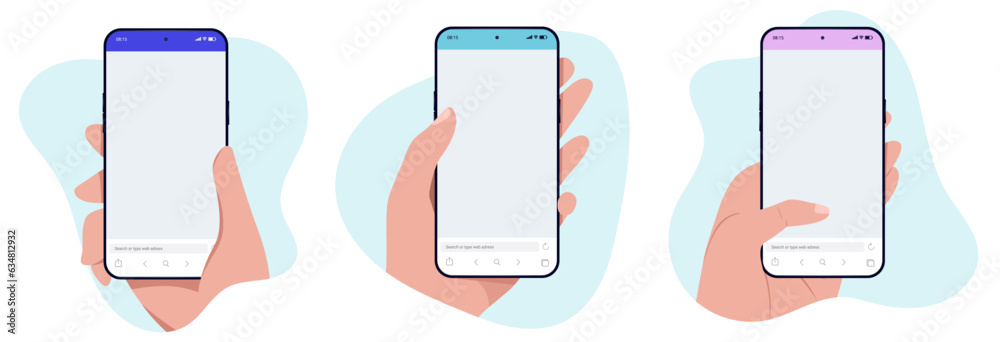 Fototapete phone in hand vector templates - collection of illustrations with smartphones being held by hands in