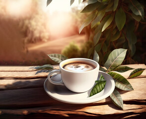 A cup of morning aromatic coffee on a wooden tabletop. Green leafy background. AI generated