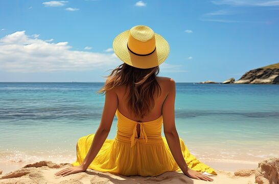 Beautiful young woman in yellow dress and hat sitting on the beach