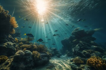 Fototapeta na wymiar Underwater scenery with diverse marine life. Fishes, ocean, animals. Generative AI