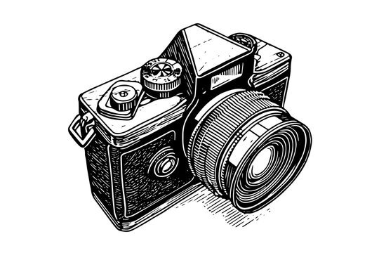 Modern photo camera in engraving style. Vector retro hand drawn illustration.