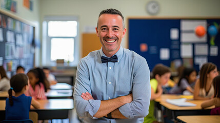 Smiling Male Teacher Engaging Elementary Students