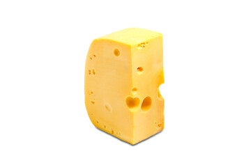 Piece of sliced cheese on transparent background. Side view.
