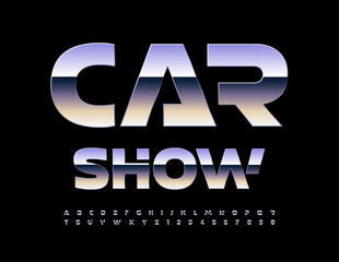 Vector event flyer Car Show. Reflective unique Font. Metallic Alphabet Letters and Numbers set