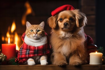 cat and dog wearing adorable Santa Claus outfits while sitting side by side next to a festively adorned fireplace