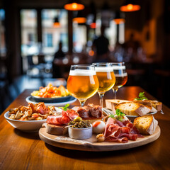 AI generated: Aperitif with beer and tapas at a bar table. Cold beer and Mediterranean cuisine. - obrazy, fototapety, plakaty