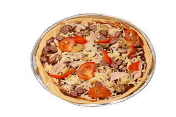 Tasty pizza with salami, sausages, cheese, onions and sauce.