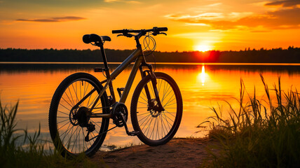 Naklejka premium Bicycle on the shore of a lake in the rays of the setting sun