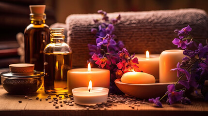 Fototapeta na wymiar Spa relaxation with oils, candles, and orchid flowers