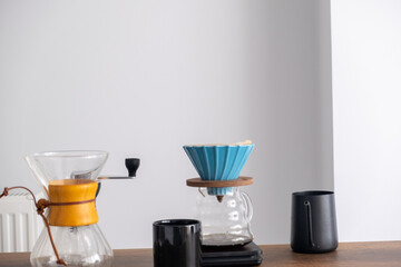 barista coffee brewing equipment on table