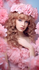 beautiful young female with flowers in hair on pink background, beauty concept, generative, ai
