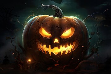 Scary halloween pumpkin, halloween, halloween pumpkin, lights, gloomy forest, sinister pumpkin.