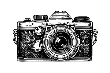 Modern photo camera in engraving style. Vector retro hand drawn illustration. - obrazy, fototapety, plakaty