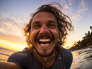 A surfer captures a thrilling selfie while inside the tube of a wave, encapsulating the exhilaration of the ride and the beauty of the fall.