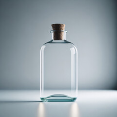 AI Generative illustration, empty glass bottle and caps in minimalist white room, clear bottle for mockup 