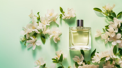 Bottle of perfume with jasmine flowers on green background, flat lay	