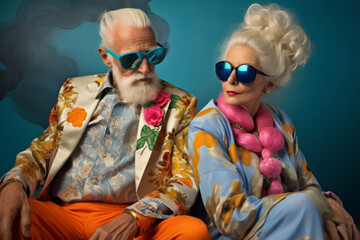 An elderly funky couple with kitschy retro clothing, wearing sunglasses and goggles, sit together inside, creating a fashionably artistic scene