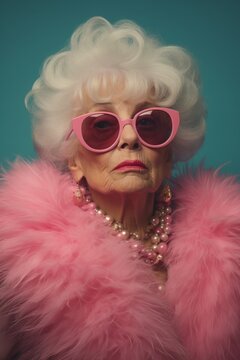 A funky old couple stands out in a retro fashion scene, their kitsch pink outfit and goggles a vibrant contrast to the modern world