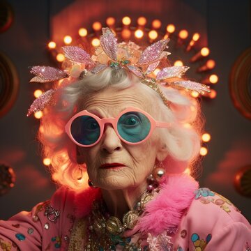 An elderly woman embraces her funky and retro fashion sense with a kitsch outfit perfect for any festival or carnival, the woman adorned in a pink crown and sunglasses to complete the look