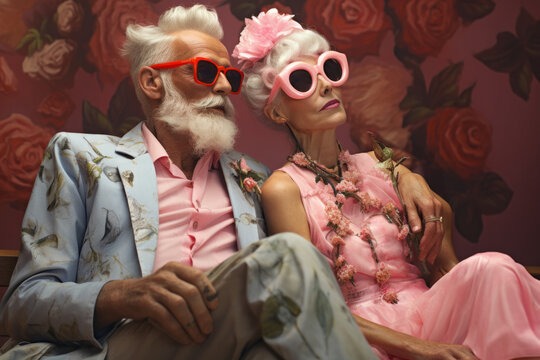 A funky, retro old couple wearing matching pink outfits and sunglasses stands out as an eclectic statement of fashion in the kitsch painting of an indoor scene