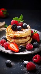 fresh pancakes with berries, closeup, generative ai