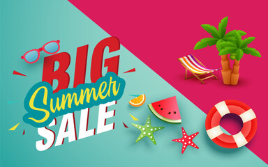 Summer sale banner and poster design with tropical beach background Vector. Realistic big and super sale summer vacation background design.