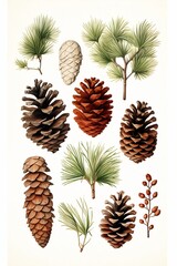 Simple clean botanical illustration of assorted pinecones and pine needles on a white portrait background.