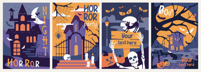 Obraz premium Halloween holiday cover brochure set in trendy flat design. Poster templates with night horror party symbols, old houses, flying bats, web with spiders, skeletons and pumpkins. Vector illustration.