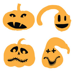Halloween set of silhouettes of pumpkin with faces and characters. Halloween pumpkin collection, shapes, eyes, noses, emotions, creepy and spooky elements decoration. Vector.