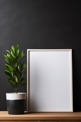 Mock up poster frame near black wall with houseplant. Generative AI.