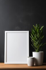 Mock up poster frame near black wall with houseplant. Generative AI.