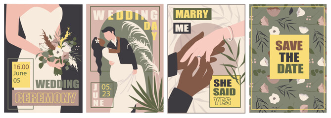 Wedding ceremony cover brochure set in trendy flat design. Poster templates with bride in dress holds bouquet, diversity couples dance or put rings, flower pattern invitation. Vector illustration.