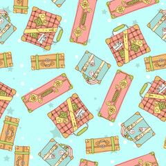Pattern of bright suitcases for travel. Hand luggage. Bag. Entertainment, moving to another country. Vector illustration seamless pattern