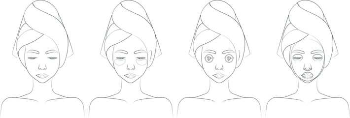 Set of outline women with towel on the head