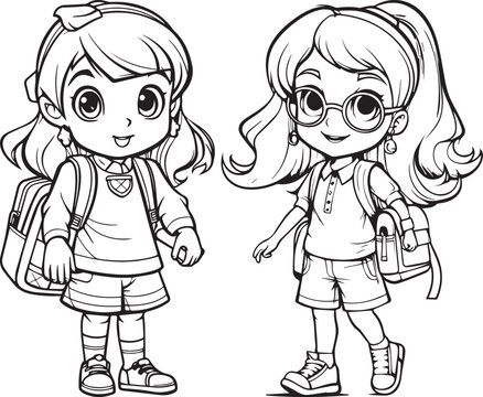 Kid Coloring book character of two little girls going to school, black outline only and isolated on white background, 100% editable and colorable