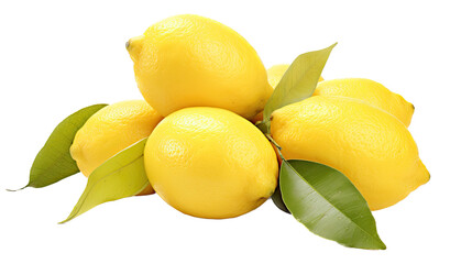a Lemons with leaves in a horizontal layout, in a Food-themed, photorealistic illustration in a PNG, cutout, and isolated. generative AI