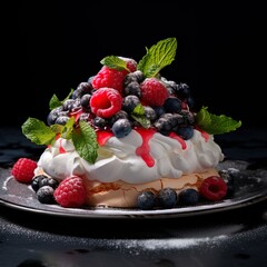 Elegance Unveiled: Cracked Pavlova Dessert with Luscious Center and Fresh Berries